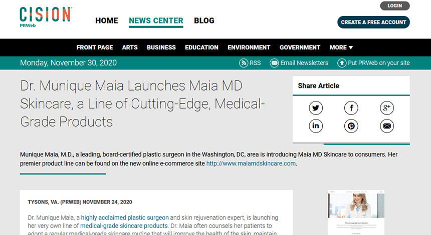 Screenshot of article - Dr. Munique Maia Launches Maia MD Skincare, a Line of Cutting-Edge, Medical-Grade Products.