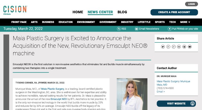 Screenshot of an article titled: Maia Plastic Surgery is Excited to Announce the Acquisition of the New, Revolutionary Emsculpt NEO® machine