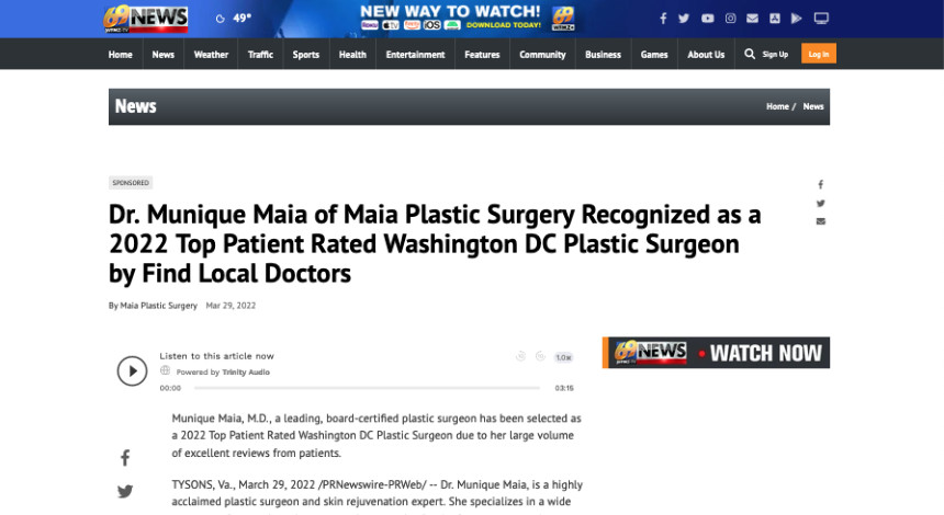 Screenshot of an article titled: Dr. Munique Maia of Maia Plastic Surgery Recognized as a 2022 Top Patient Rated Washington DC Plastic Surgeon by Find Local Doctors