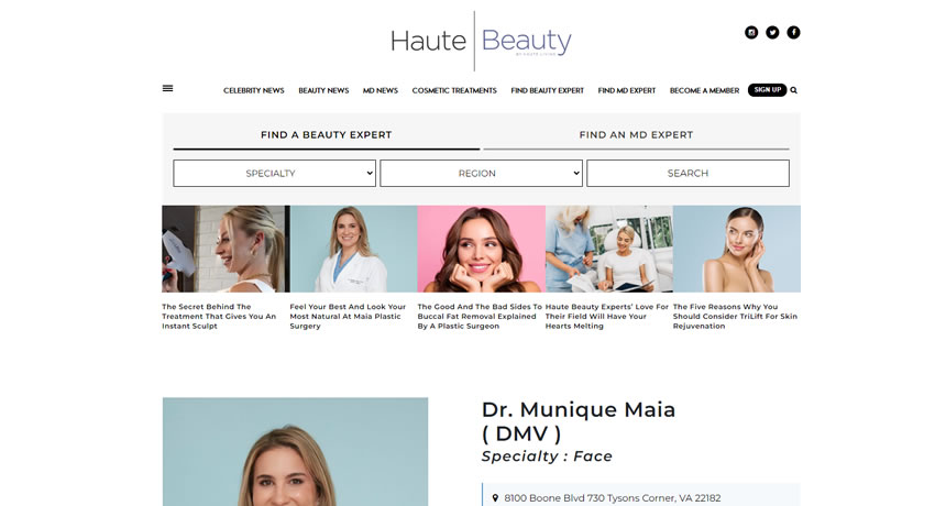 screenshot of the article about dr munique maia on haute beauty