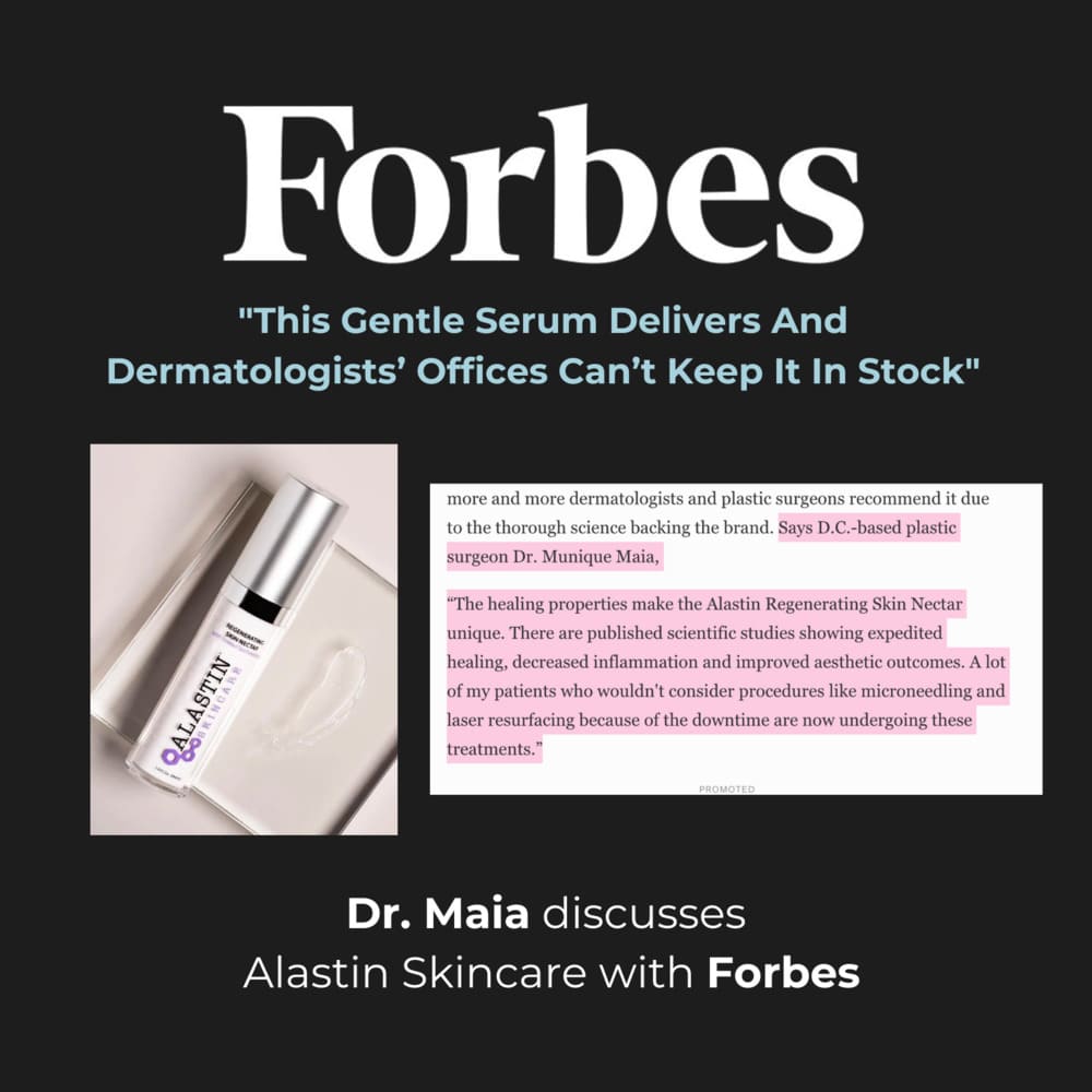 Screenshot of an article titled: This Gentle Serum Delivers And Dermatologists’ Offices Can’t Keep It In Stock - Dr. Maia discusses Alastin with Forbes