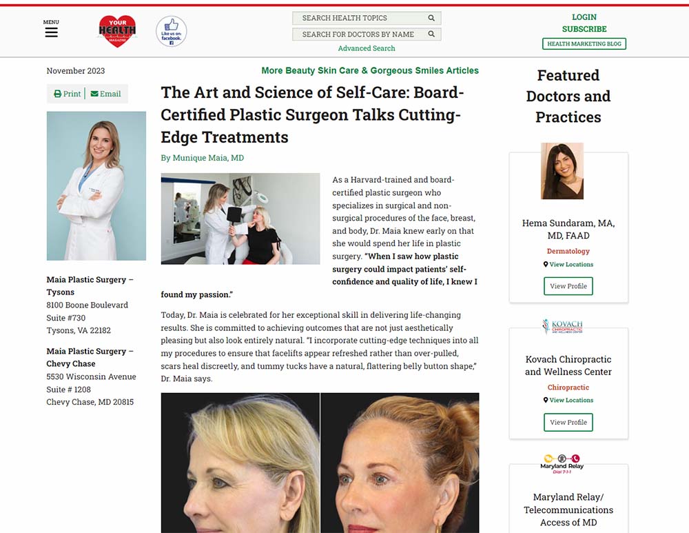 Screenshot of an article titled: The Art and Science of Self-Care: Board-Certified Plastic Surgeon Talks Cutting-Edge Treatments