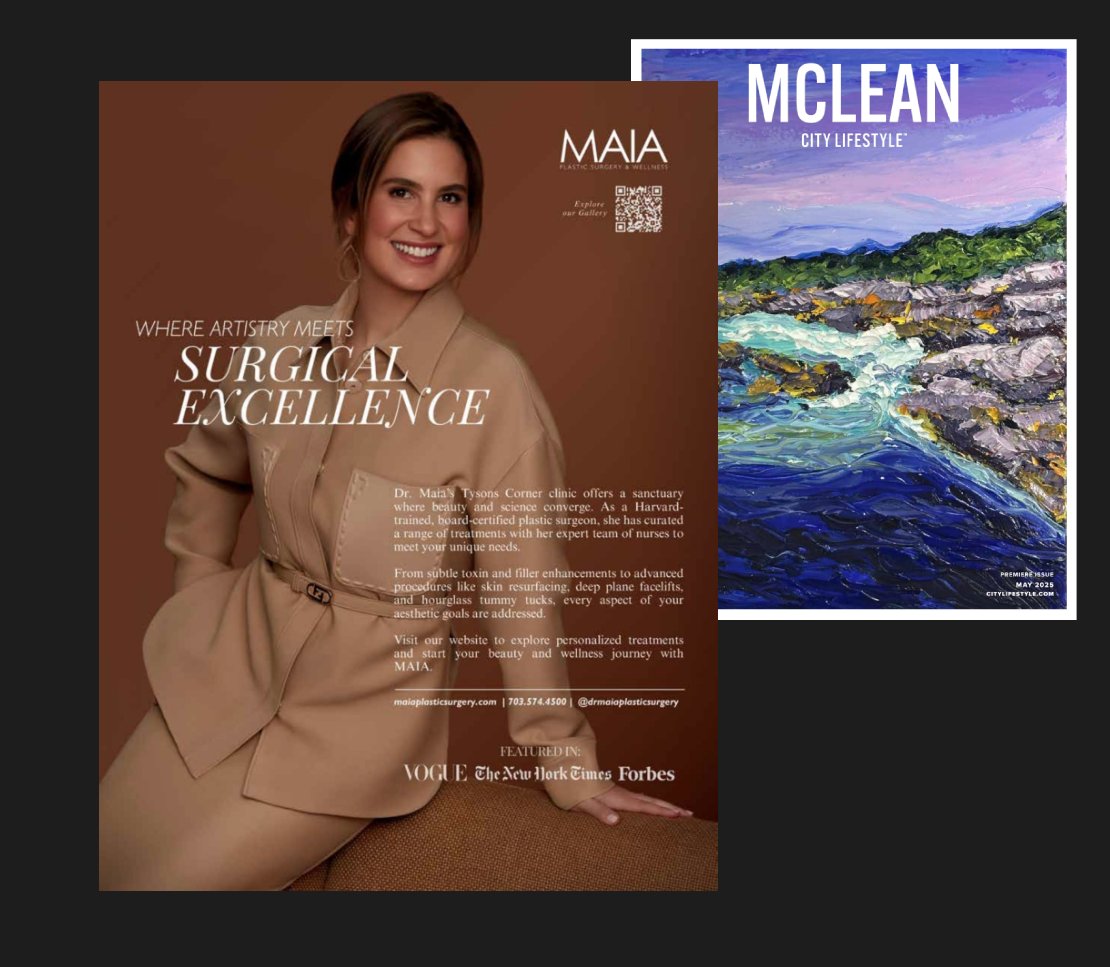 Screenshot of the May 2025 edition of Mclean City Lifestyle Magazine featuring Dr. Maia with the headline 'Where Artistry Meets Surgical Excellence’