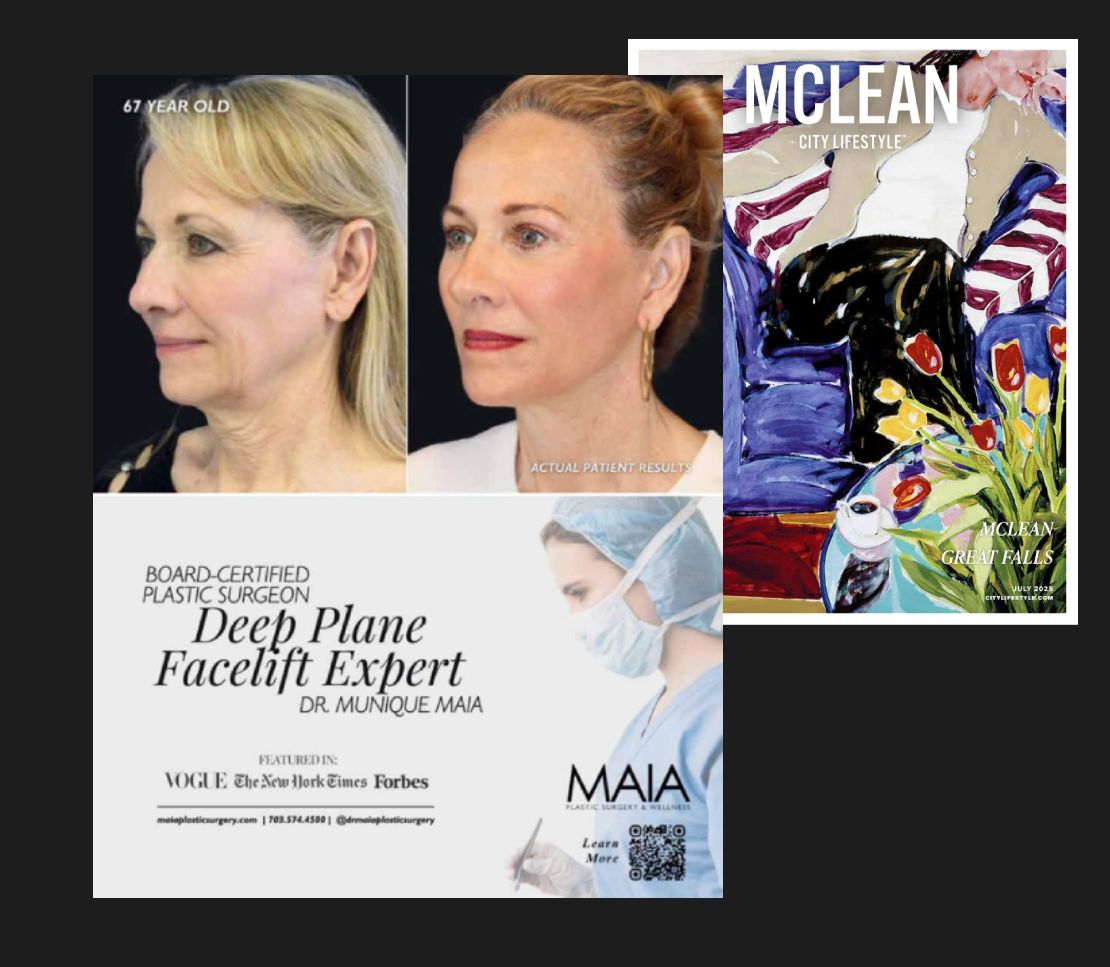 Screenshot of the July 2025 edition of Mclean City Lifestyle Magazine featuring Dr. Maia with the headline 'Board-Certified Plastic Surgeon Deep Plane Facelift Expert Dr. Munique Maia'