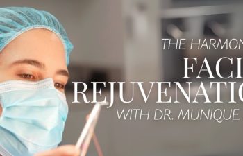 Dr. Monique Maia wearing a face mask and holding a facial rejuvenation device, with the text 'The Harmony of Facial Rejuvenation with Dr. Monique Maia' beside her