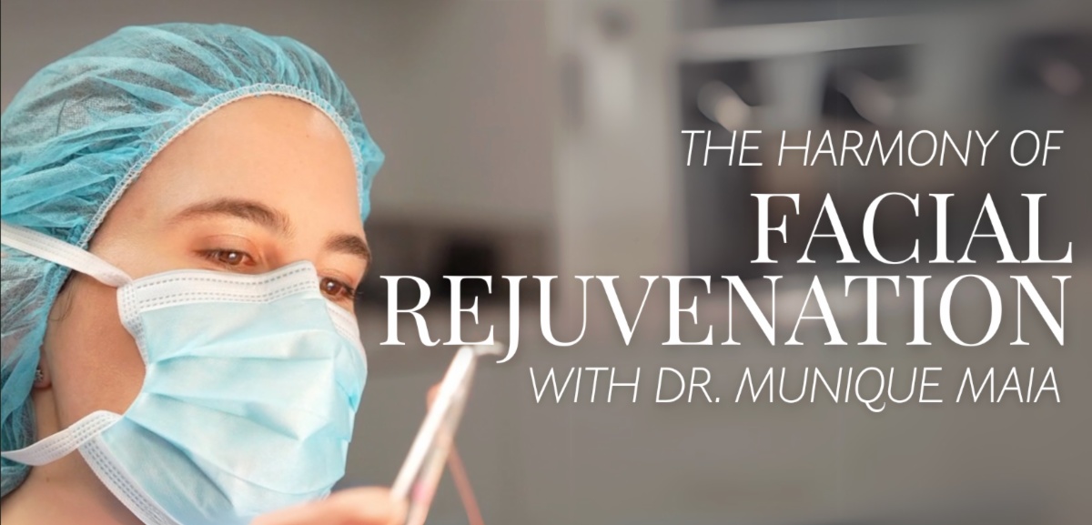 Dr. Monique Maia wearing a face mask holding a facial rejuvenation device, with the text 'The Harmony of Facial Rejuvenation with Dr. Monique Maia' beside her