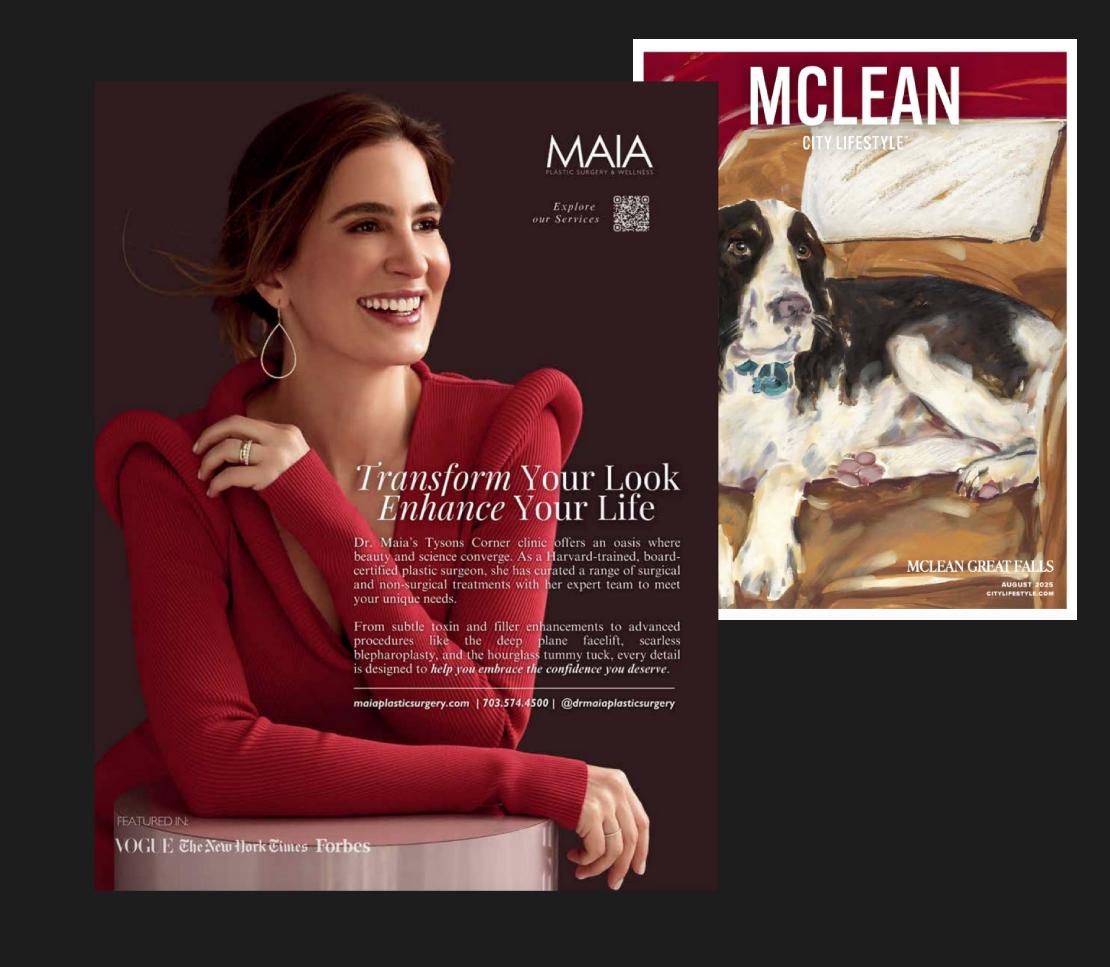 Mclean City Lifestyle magazine feature page featuring Dr. Maia, titled 'Transform Your Look Enhance Your Life’, August 2025