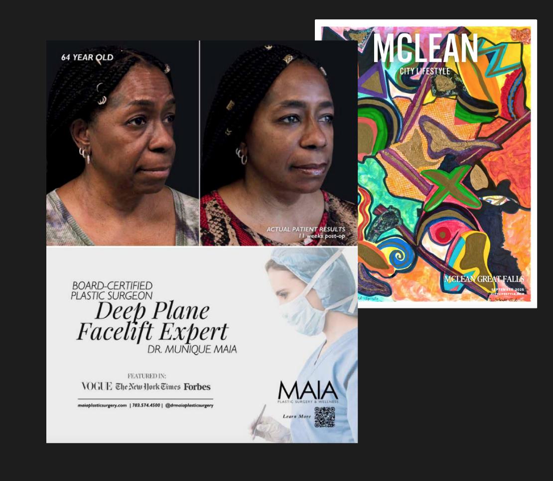 Mclean City Lifestyle magazine feature page featuring Dr. Maia, titled 'Board-Certified Plastic Surgeon Deep Plane Facelift Expert Dr. Munique Maia’ September 2025