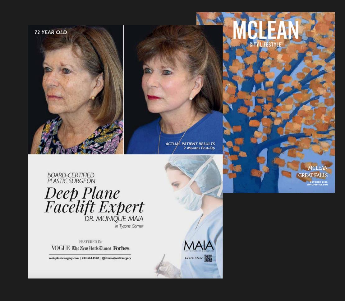 Mclean City Lifestyle magazine feature page featuring Dr. Maia, titled 'Board-Certified Plastic Surgeon Deep Plane Facelift Expert Dr. Munique Maia in Tysons Corner’, October 2025
