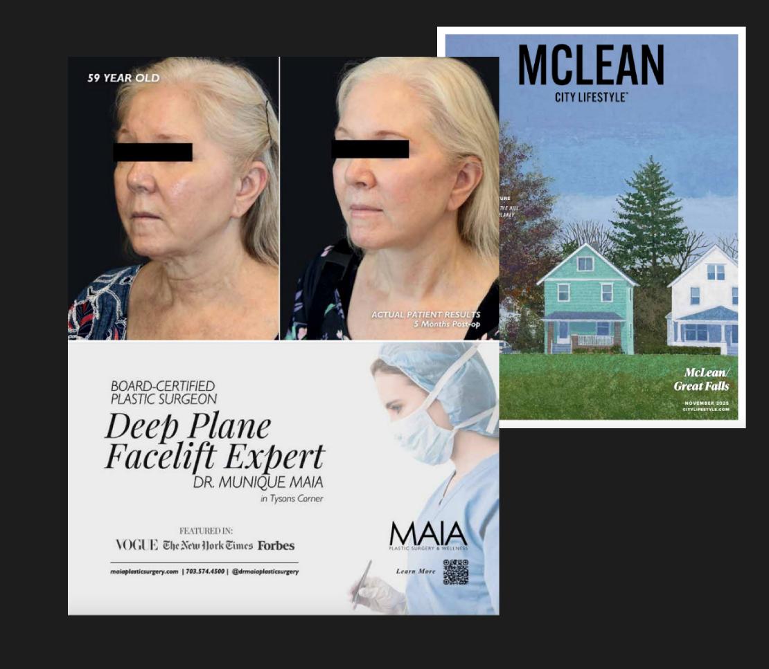 Mclean City Lifestyle magazine feature page featuring Dr. Maia, titled 'Board-Certified Plastic Surgeon Deep Plane Facelift Expert Dr. Munique Maia in Tysons Corner’, November 2025