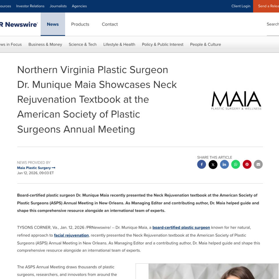 screenshot of article titled: Northern Virginia Plastic Surgeon Dr. Munique Maia Reports Growing Demand for In-Office Cosmetic Procedures