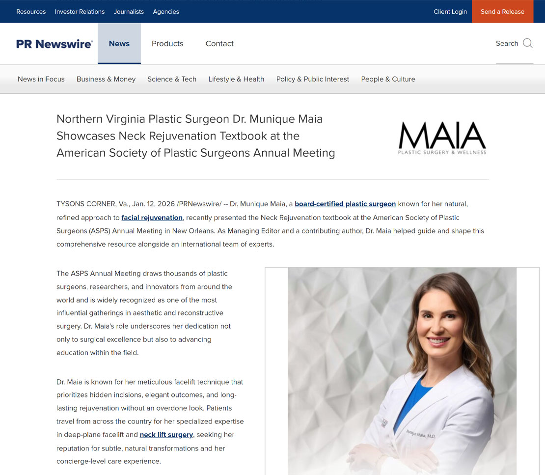 Screenshot of a news article featuring Dr. Munique Maia, a plastic surgeon, discussing her work on a neck rejuvenation textbook at a professional annual meeting; her portrait appears on the right.