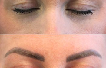 Close-up photo showing a person's closed eyes and eyebrows before (top) and after (bottom) makeup or cosmetic treatment.