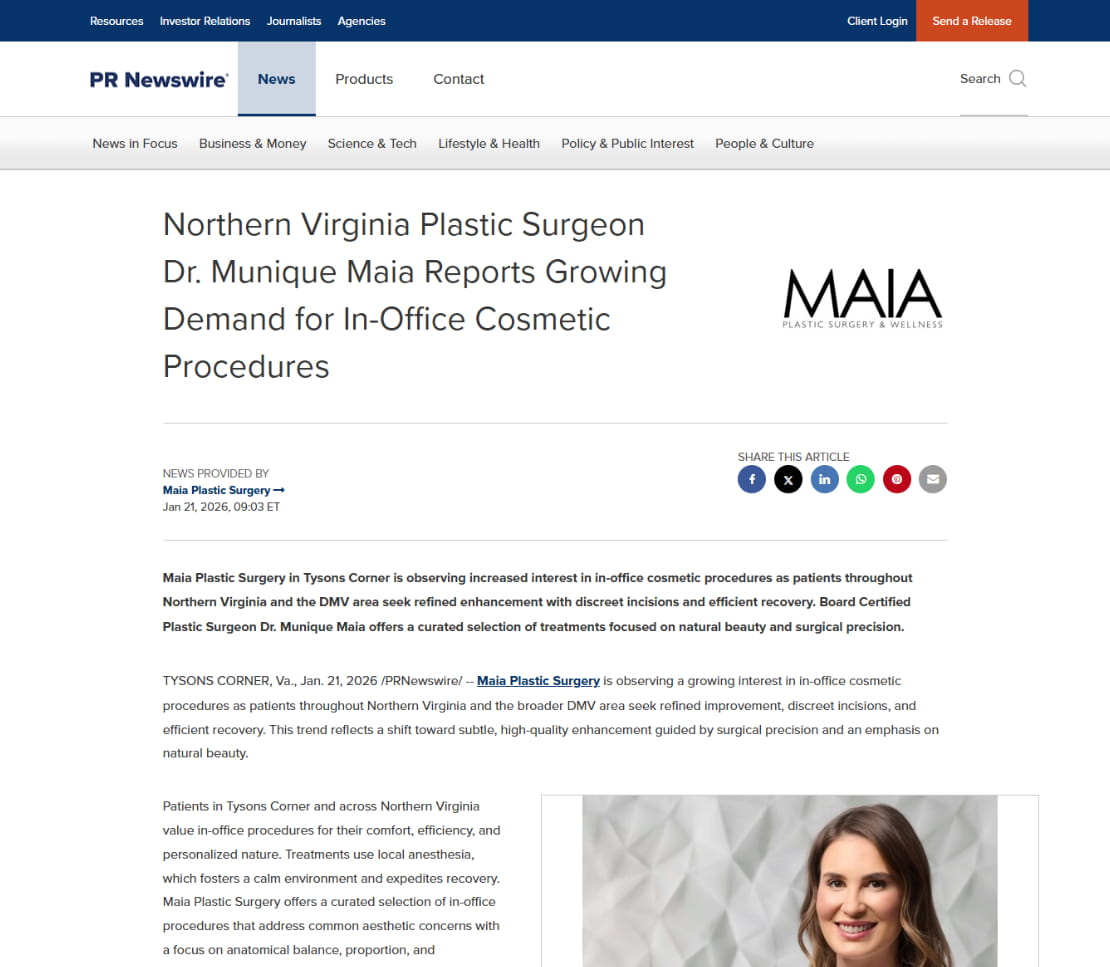 screenshot of article Northern Virginia Plastic Surgeon Dr. Munique Maia Reports Growing Demand for In-Office Cosmetic Procedures